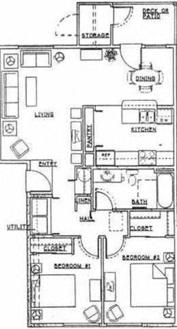 Floor plan for 2 beds, 1 bath, 875 sqft