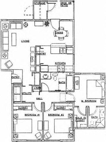 Floor plan for 3 beds, 2 baths, 1085 sqft