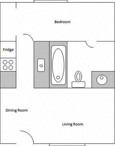 Floor plan for 1 bed, 1 bath, 448 sqft