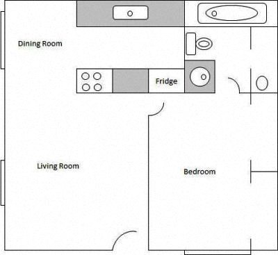 Floor plan for 1 bed, 1 bath, 480 sqft