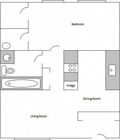 Floor plan for 1 bed, 1 bath, 627 sqft