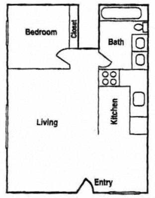 Floor plan for 1 bed, 1 bath, 520 sqft