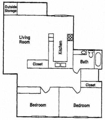 Floor plan for 2 beds, 1 bath, 714 sqft