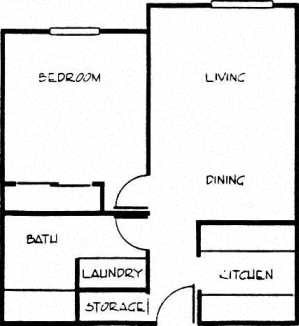 Floor plan for 1 bed, 1 bath, 597 sqft