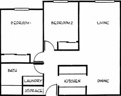 Floor plan for 2 beds, 1 bath, 846 sqft