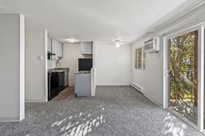 Medford apartment for rent - an open living room and kitchen with a door to a balcony