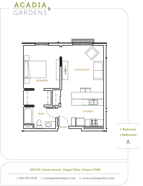 Floor plan for 1 bed, 1 bath, 629 sqft