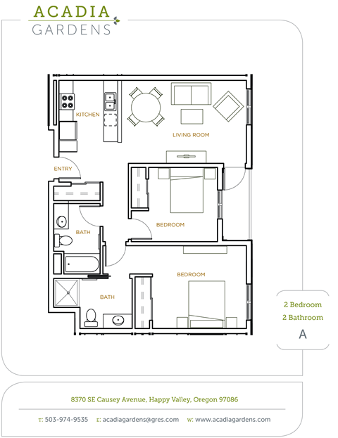 Floor plan for 2 beds, 2 baths, 921 sqft