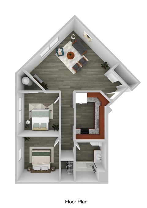 Floor plan for 2 beds, 1 bath, 829 sqft