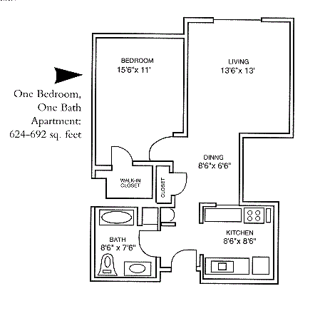Floor plan for 1 bed, 1 bath, 646 sqft