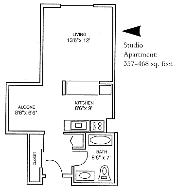 Floor plan for studio, 1 bath, 468 sqft