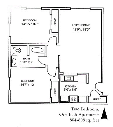 Floor plan for 2 beds, 1 bath, 808 sqft