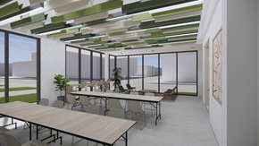 Portland apartment for rent - a rendering of a conference room with tables and chairs