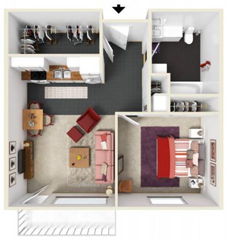 Floor plan for 1 bed, 1 bath, 568 sqft