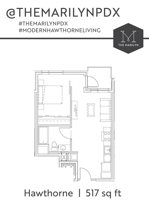 Floor plan for 1 bed, 1 bath, 677 sqft