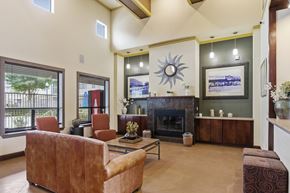Austin apartment for rent - A living room with a fireplace and a large sun design on the wall.