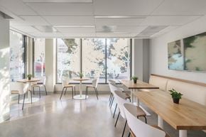 Portland apartment for rent - a room with wooden tables and white chairs with large windows in the background