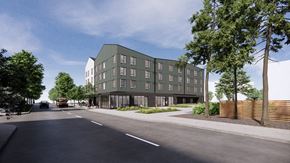 Portland apartment for rent - a rendering of an apartment building on a city street