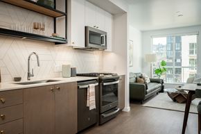 Portland apartment for rent - a kitchen with a sink and a stove and a microwave at Slabtown Square Apartments, Portland , OR 