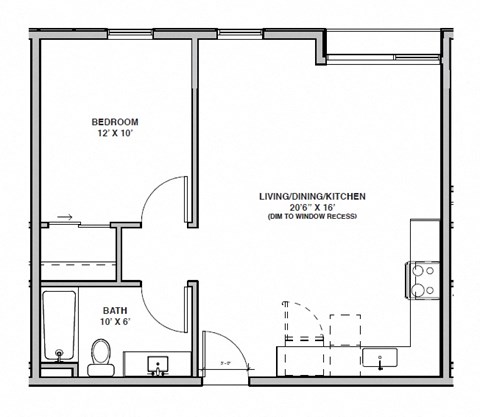 Floor plan for 1 bed, 1 bath, 702 sqft