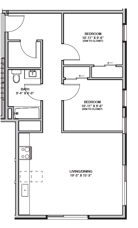 Floor plan for 2 beds, 1 bath, 976 sqft