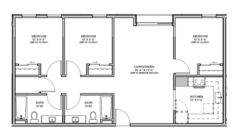 Floor plan for 3 beds, 2 baths, 1291 sqft