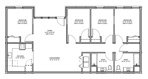 Floor plan for 4 beds, 2 baths, 1409 sqft