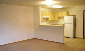 Portland apartment for rent - an empty kitchen with a refrigerator and a sink