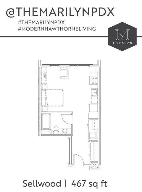 Floor plan for studio, 1 bath, 543 sqft