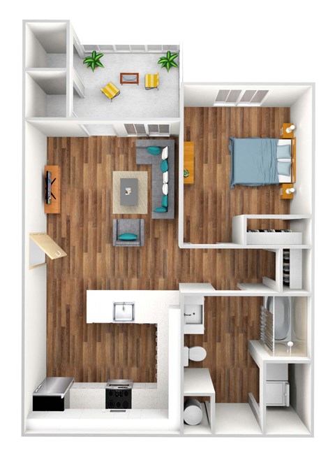 Floor plan for 1 bed, 1 bath, 630 sqft