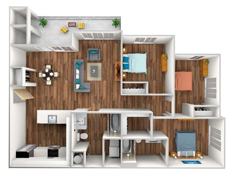 Floor plan for 3 beds, 2 baths, 1190 sqft
