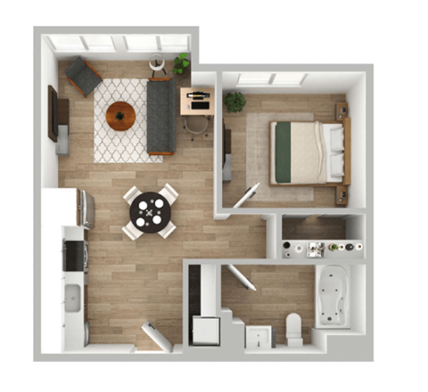 Floor plan for 1 bed, 1 bath, 621 sqft