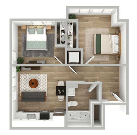 Floor plan for 2 beds, 1 bath, 875 sqft