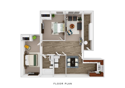 Floor plan for 2 beds, 1 bath, 874 sqft