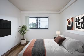 Portland apartment for rent - A bedroom with a bed, a potted plant, and a painting on the wall.