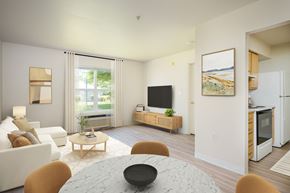 Beaverton apartment for rent - A modern living room with a white couch, a coffee table, and a television.