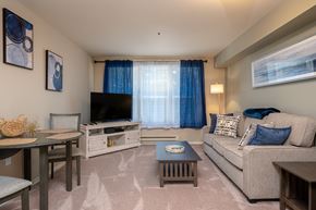 Marysville apartment for rent - A living room with a grey couch, a coffee table, a television, and a dining table.