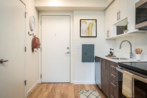 Portland apartment for rent - a small kitchen with a sink and a door to the bathroom