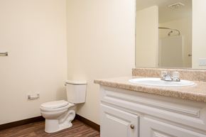 Tualatin apartment for rent - A white toilet sits next to a sink in a bathroom.