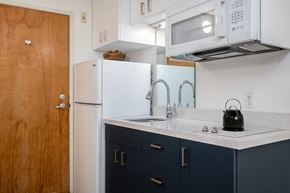 Portland apartment for rent - a kitchen with a sink and a refrigerator and a door