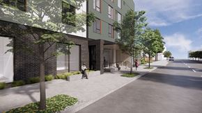 Portland apartment for rent - a rendering of a building with people walking on a sidewalk