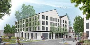Portland apartment for rent - a rendering of a white building with people walking in front of it