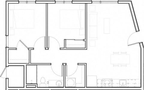 Floor plan for 2 beds, 1 bath, 803 sqft