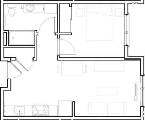Floor plan for 1 bed, 1 bath, 584 sqft