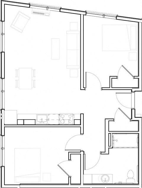 Floor plan for 2 beds, 1 bath, 890 sqft