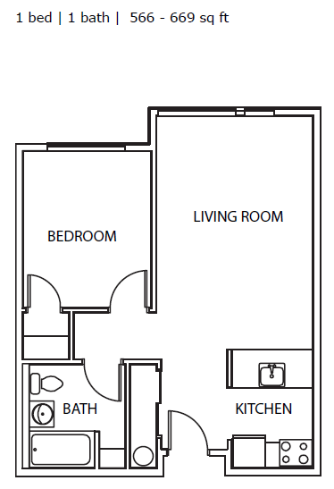Floor plan for 1 bed, 1 bath, 589 sqft