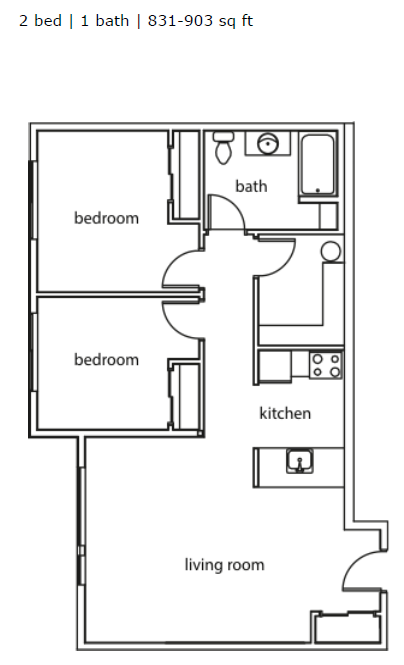 Floor plan for 2 beds, 1 bath, 885 sqft
