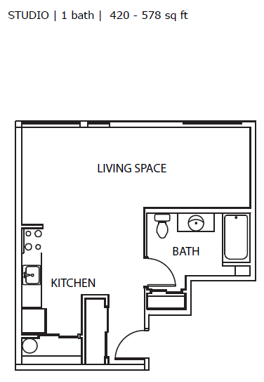 Floor plan for studio, 1 bath, 477 sqft