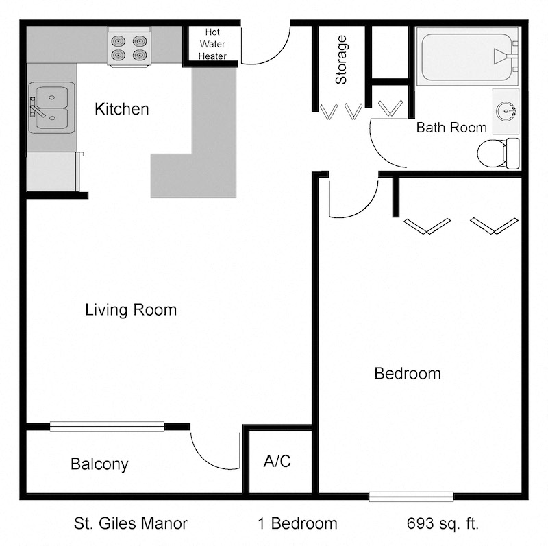 Floor plan for 1 bed, 1 bath, 693 sqft