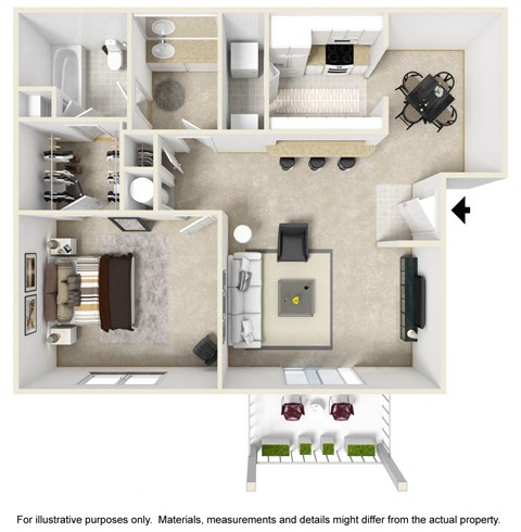 Floor plan for 1 bed, 1 bath, 895 sqft